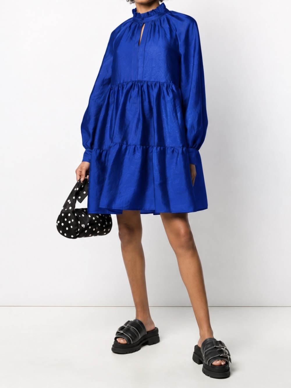 Stine Goya Jasmine Indigo Tiered Mini Dress Size L Ruffle Collar